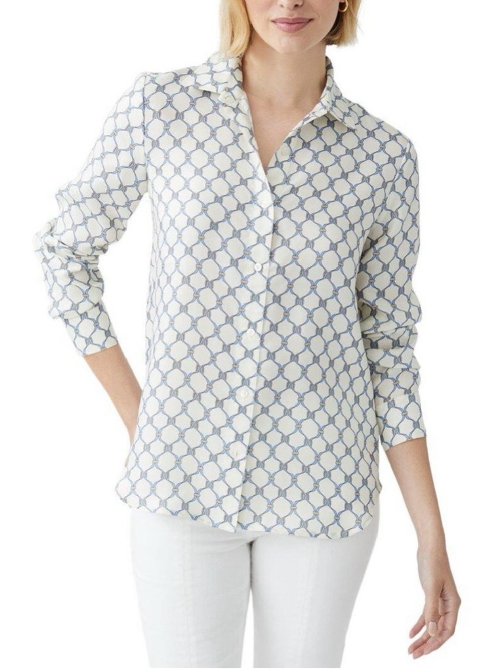 J. McLaughlin Denver White & Blue Equestrian Button-Down Shirt Silk Blend Large